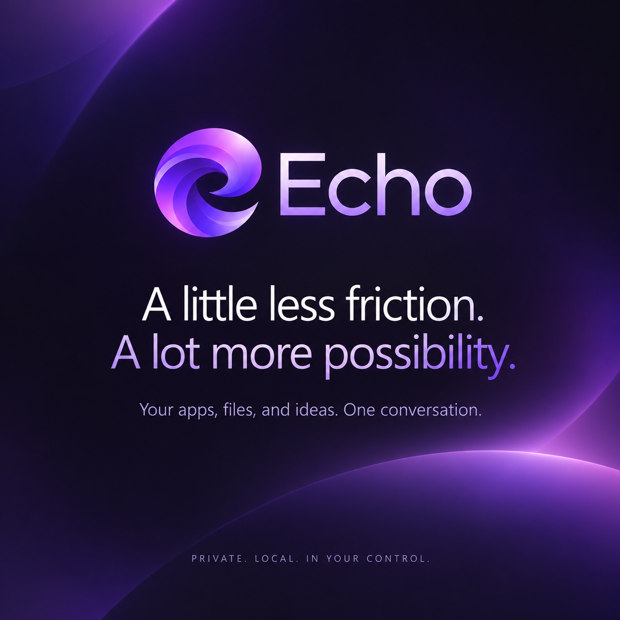 Echo. A little less friction. A lot more possibility. Your apps, files, and ideas. One conversation. Private. Local. In your control.